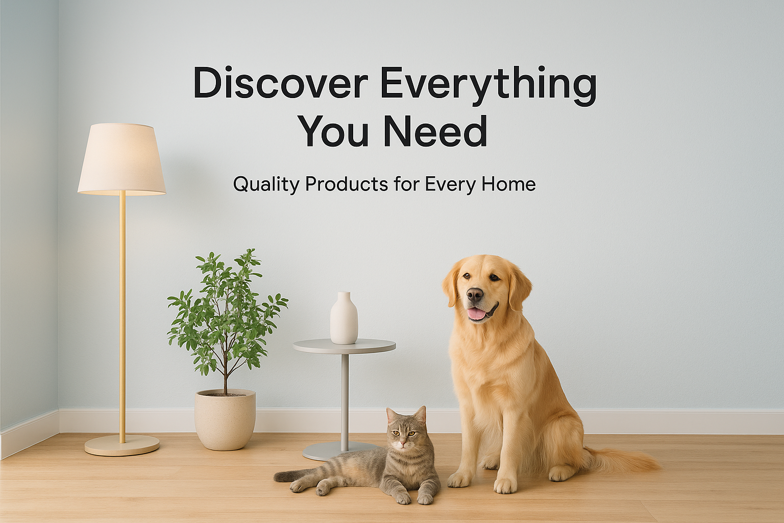 Hero image for a general product store. Style: Minimalist, clean interior design, modern aesthetic. Color Tone: Use [#c0e6f8] as the primary palette for background and accents. Layout: Main headline text on the wall with appropriate tagline suitable for the scene Composition: Neutral, general-store-friendly decor (lamp, plant, furniture, vase). Avoid brand-specific or pet-specific elements (keep it versatile for all products). also add animals like dog and cat